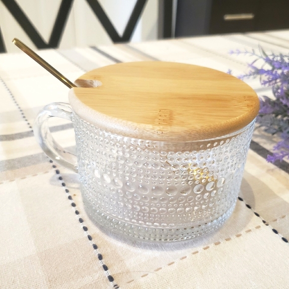 14oz. Vintage Glass Coffee Mug with Golden Spoon and Bamboo Lid - Picture 1 of 16